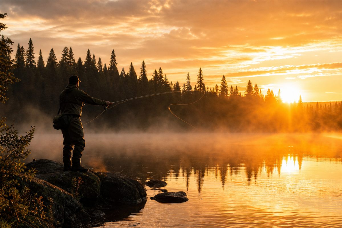 Pescador lanzando la línea en un lago al amanecer